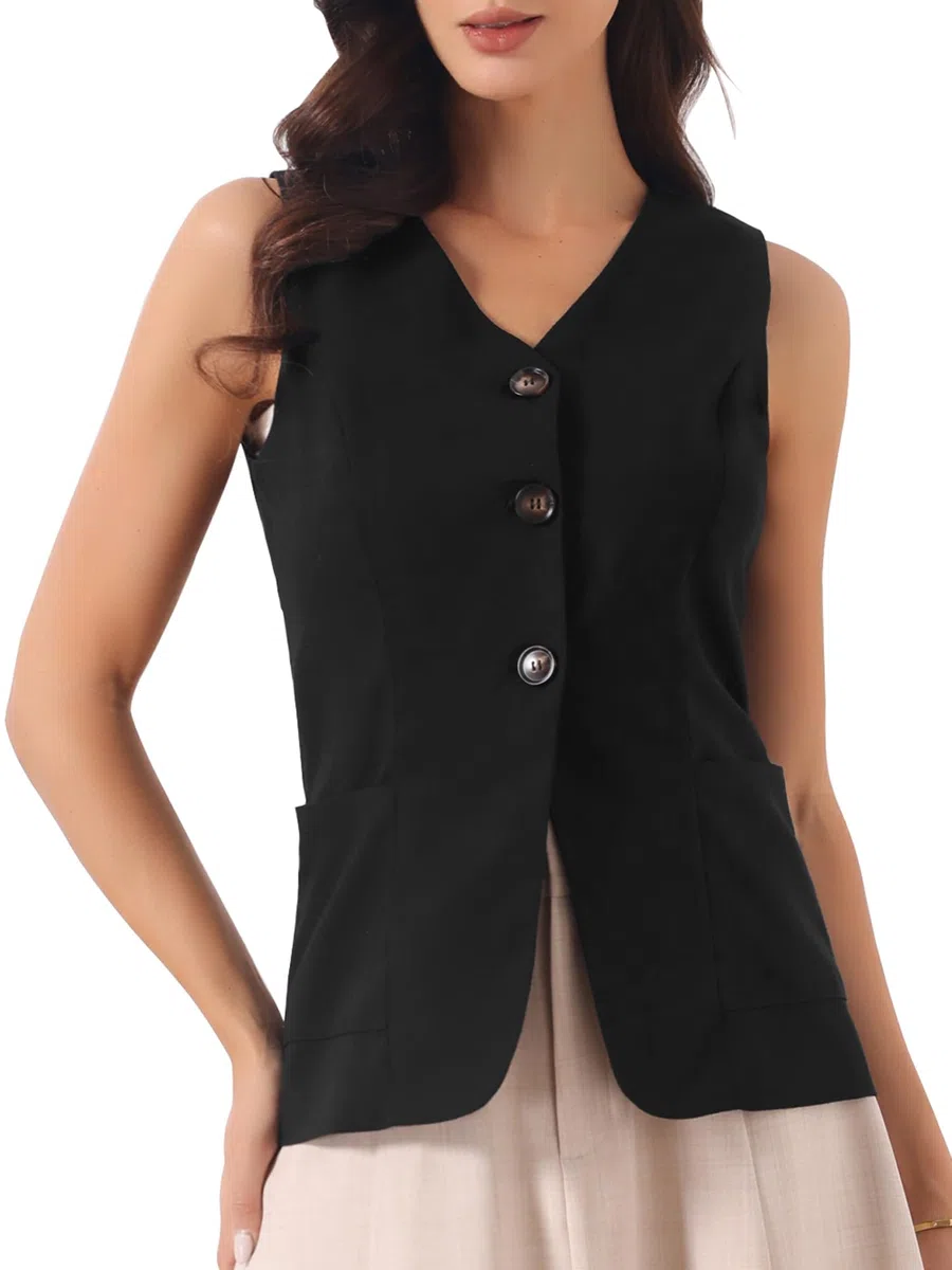 Allegra K Gilet in Cotone e Lino per Donna Estivo Senza Maniche con Bottoni Scollo a V Blazer