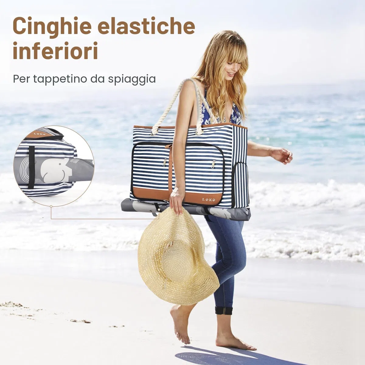 Borsa Spiaggia Donna Pieghevole, Borsa Mare Grande XXL Famiglia con Scomparto Scarpe Separato, Impermeabile Shopping Borsa Tote Bag con Cerniera per Spiaggia Viaggio Sportiva, Strisce