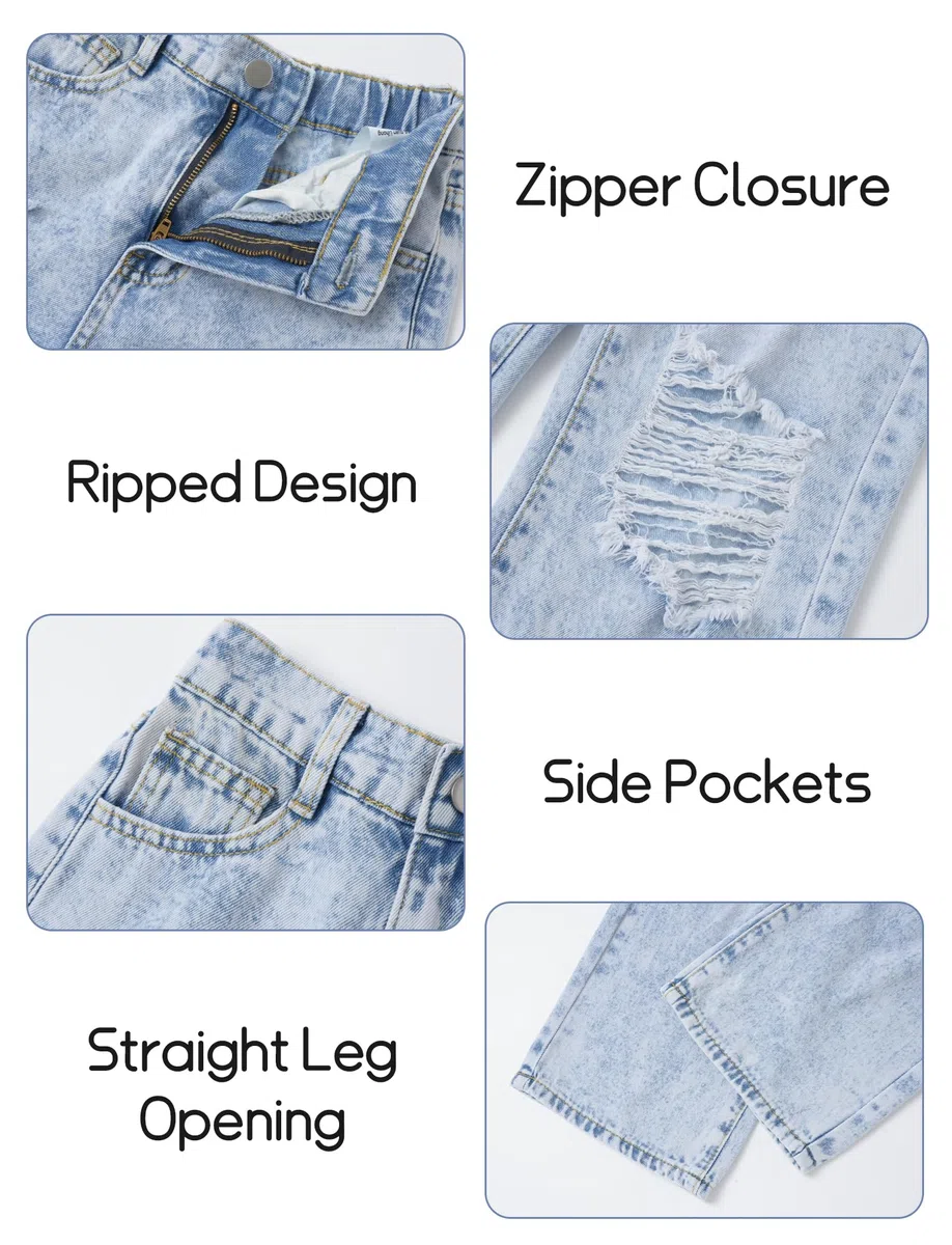 Happy Cherry Jeans Strappati Ragazze Vita Alta Elastica Baggy Casual Gamba Larga Lavato Denim Pantaloni Vintage Blu Pants con Tasche per Bambina 7-14 Anni