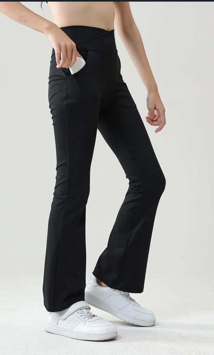 Pantaloni da yoga da bambina a vita alta Bootcut Pantaloni da danza in tinta unita per 5-12 anni, nero, 9-10 Anni