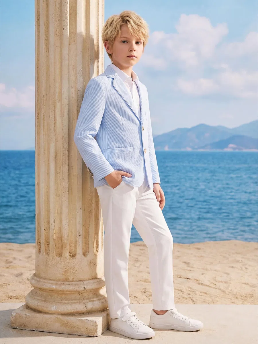 LOLANTA Giacca Seersucker Traspirante per Bambini, Giacca Elegante a Righe per Ragazzi per Occasioni Estive Informali, Verde Salvia