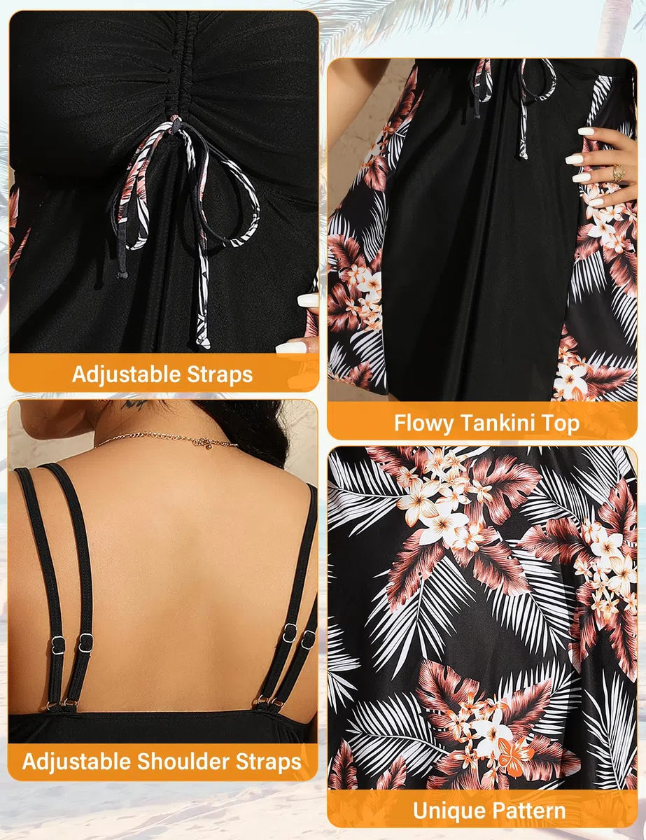 HANERDUN Plus Costume da Bagno Donna Tankini Set da Donna Due Pezzi Sexy Scollo a V Coulisse Push up Imbottito Reggiseno Costume da Bagno Floreale Tankini Moda Mare Plus Size