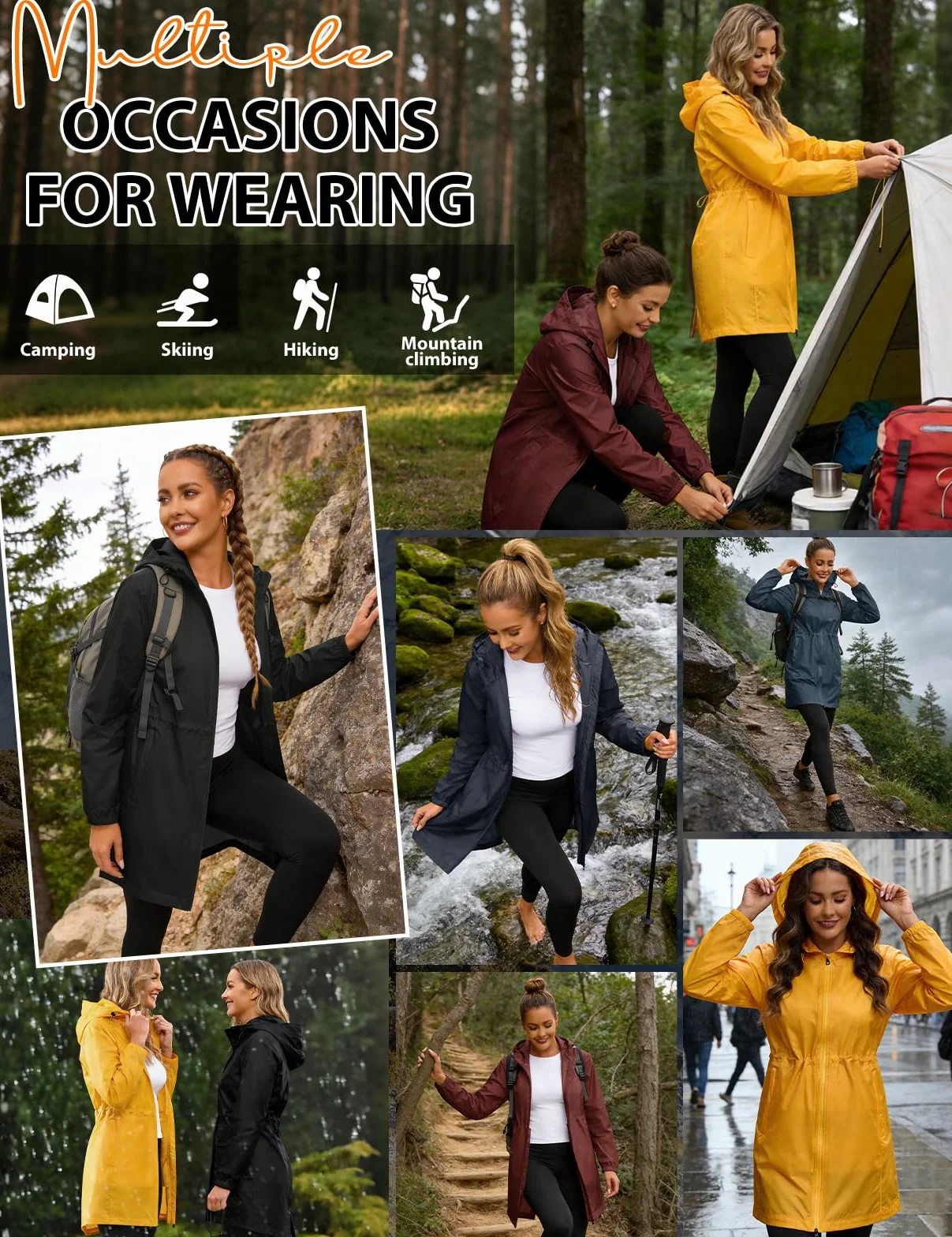 Vancavoo Poncho Impermeabile Donna Giacca Antipioggia Lungo Mantella Giubbotto con Cappuccio Ideale per Campeggio all'aperto Escursionismo