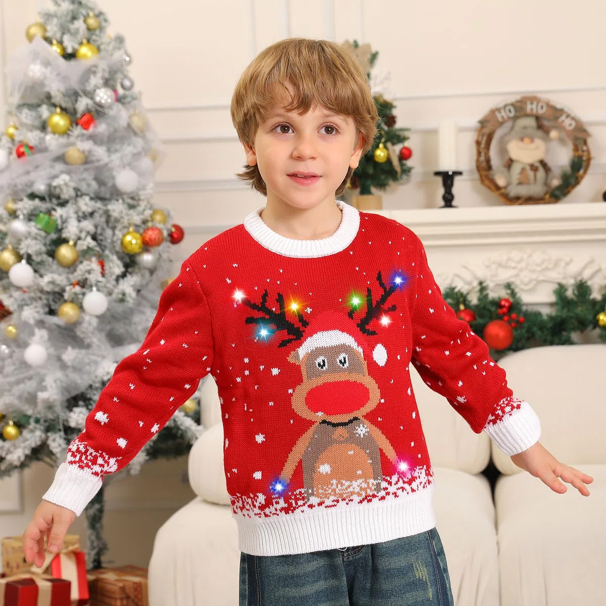 Maglione Natalizio Bambino con Luci, Maglioni Natalizi Bambini Divertenti, Girocollo Maglioncino Natalizio Famiglia Led Ugly Christmas Sweater,Brutti Maglioni di Natale per Bimbo/Bimba/Ragazza/Ragazzo