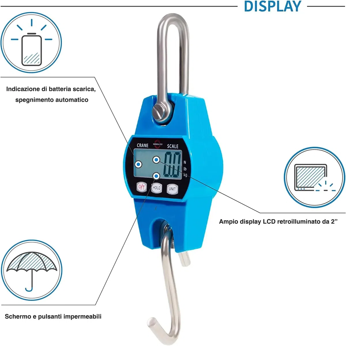 Voltix Portatile Bilancia Digitale da Appendere per Impieghi Gravosi, 300kg 600 lb Mini Bilancia a Sospensione con Display LCD e Batterie Incluse (Blu)