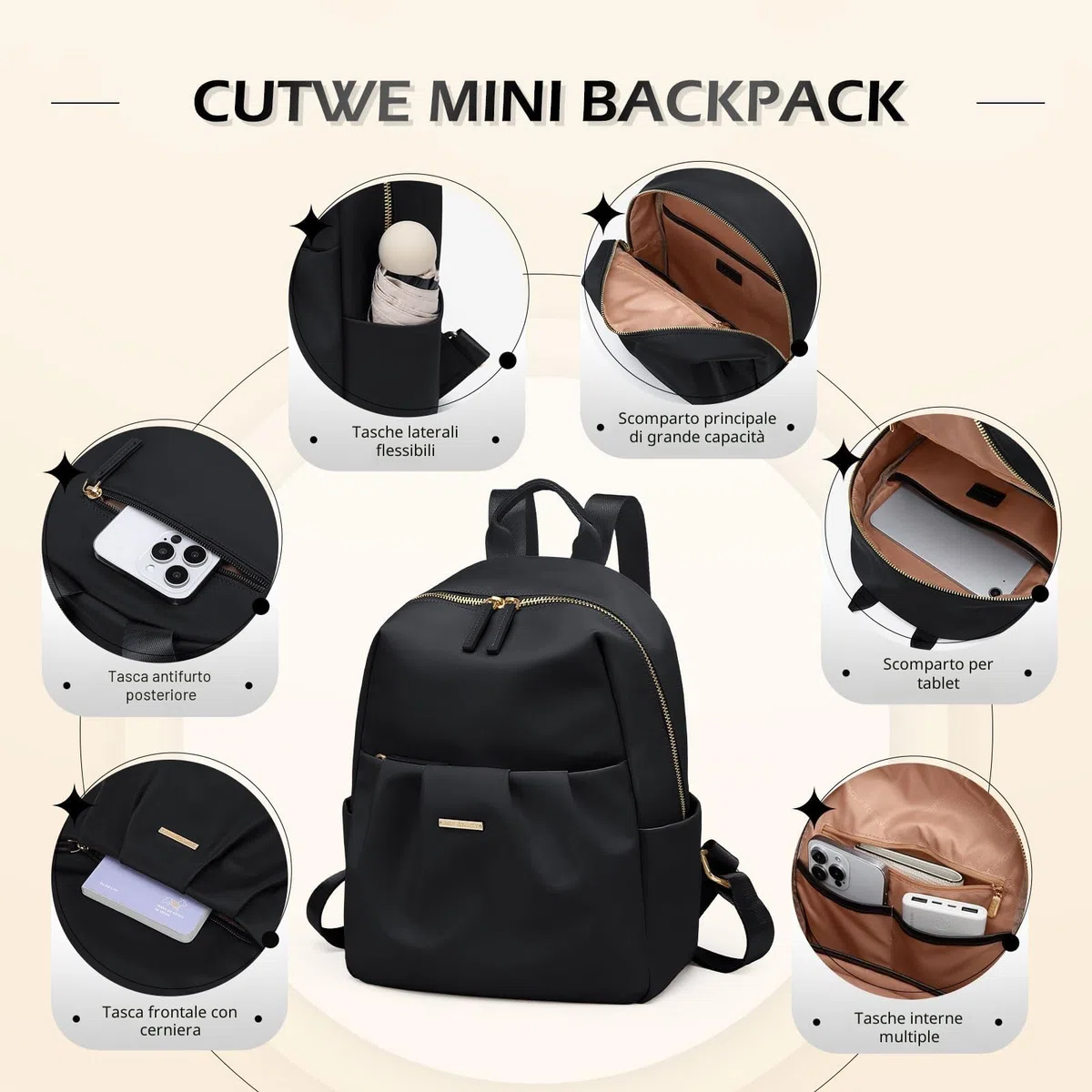 Zaino Piccolo Donna, Mini Laptop Backpack Casual Daypack Antifurto, Borsa per Lavoro e Viaggio, Nero