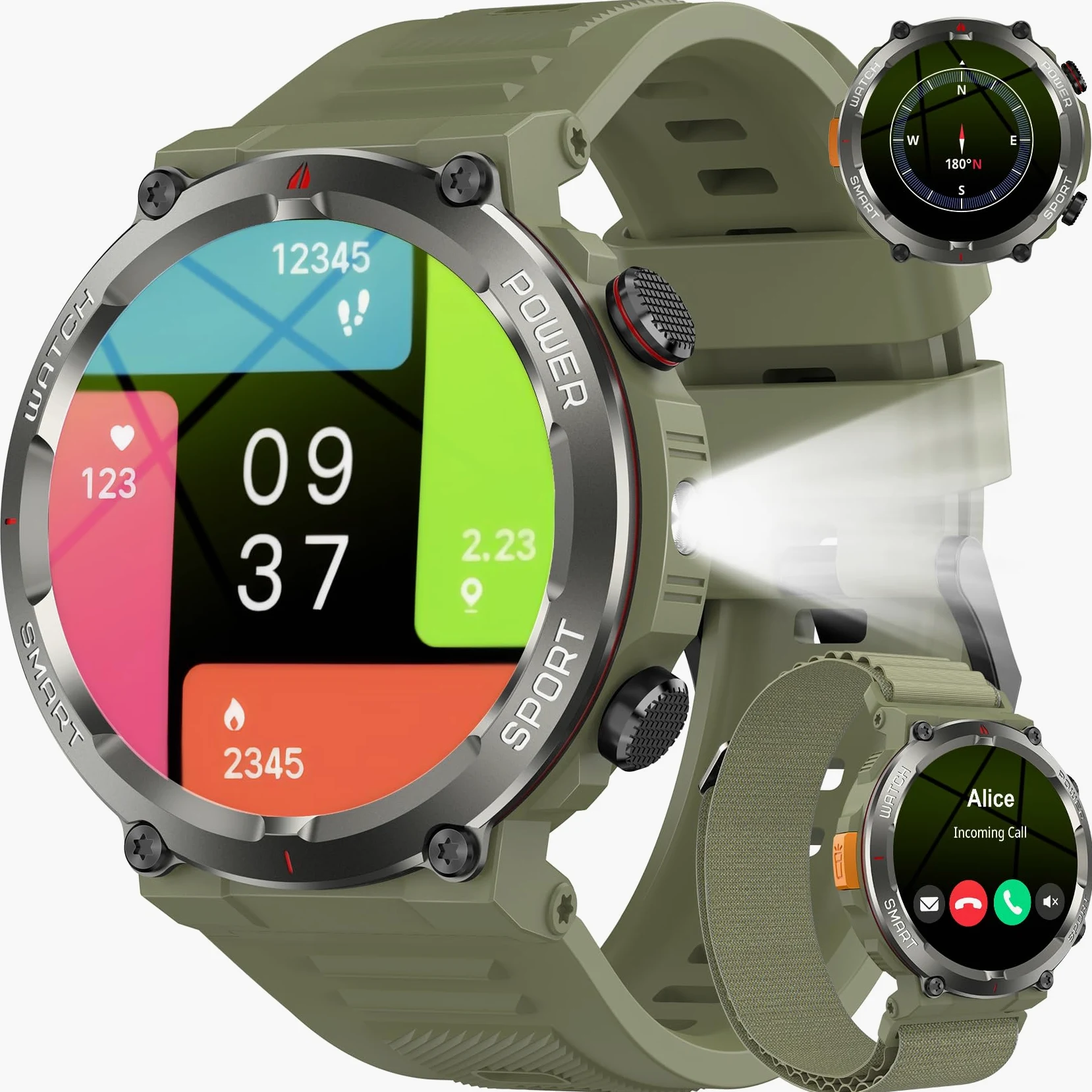 Smartwatch Uomo con Effettua o Risposta, 1.45" HD Orologio con 100Giorni StandbyBatteria/LED Torcia/Bussola, 24/7 Monitoraggio Salute (Frequenza Cardiaca/Sonno/SpO2) per Android iOS（Verde）