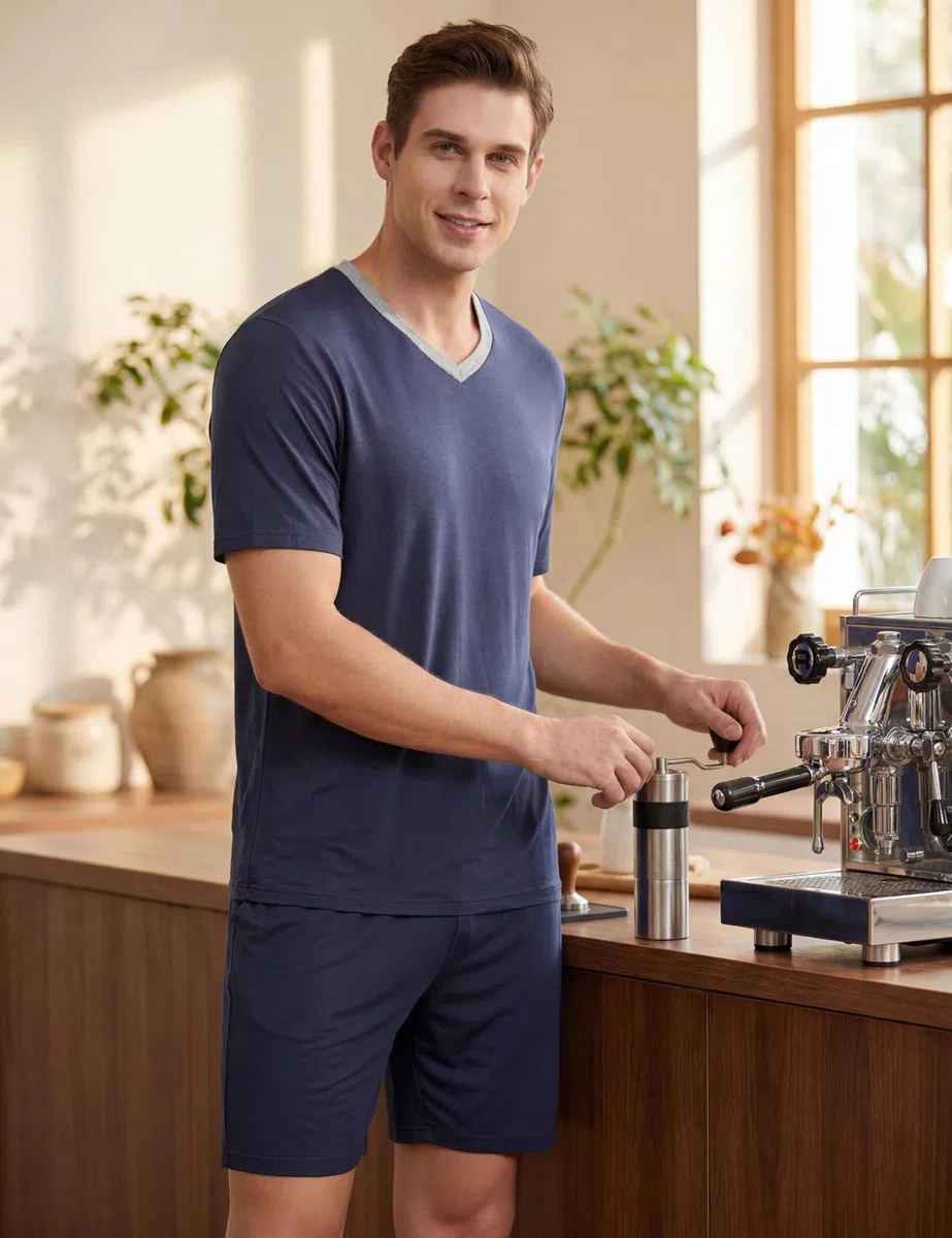 MoFiz Pigiama Uomo Estivo Corto Pigiami Due Pezzi da Uomo Set Manica Corta Scollo a V Pigiama Camicia e Pantaloncini Morbido Comoda con Tasche