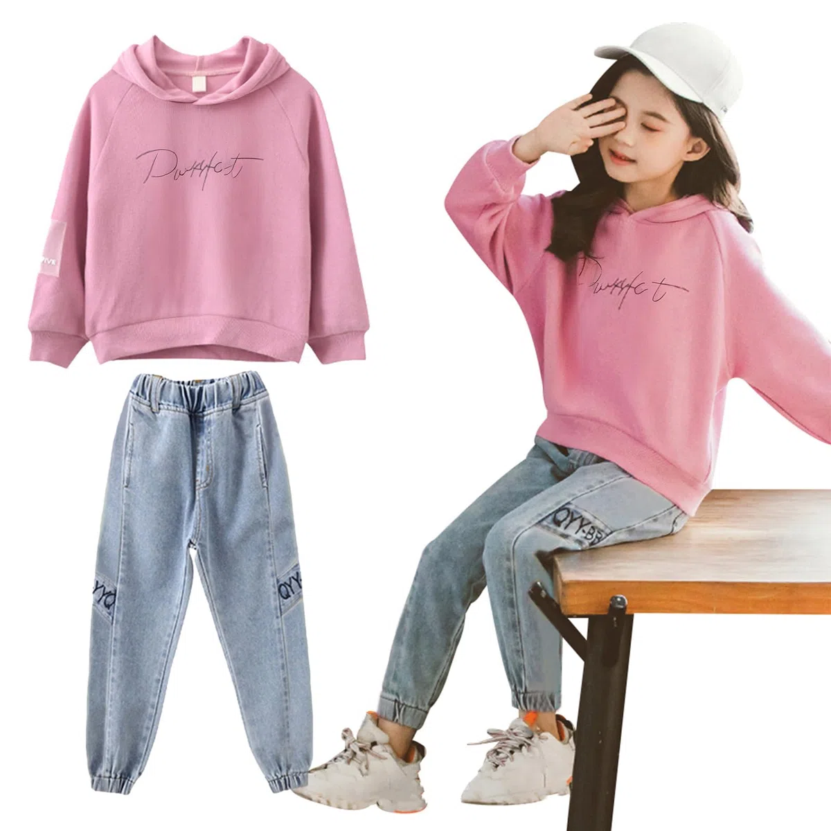 amropi 2 PCS Set Completo Ragazze Felpa con Cappuccio + Denim Pantaloni Jogging Tuta per 3-15 Anni