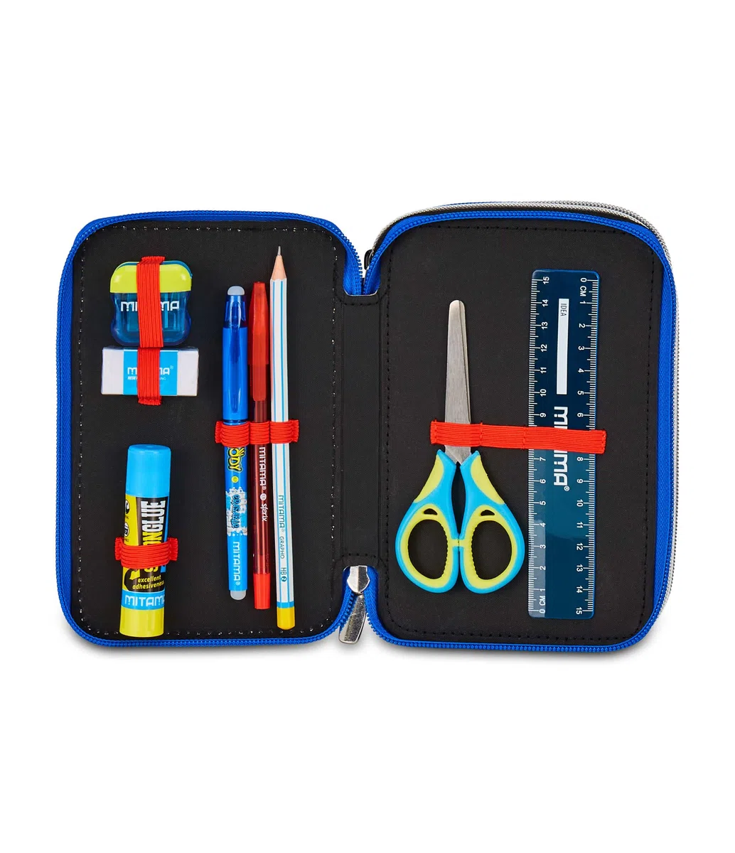 Seven SevenSonic Astuccio Scuola 3 Zip, Rosso, Portapenne Triplo Scomparto Completo Di Penne, Matite, Colori, Accessori Zaino, Scuole Elementari, Bambino