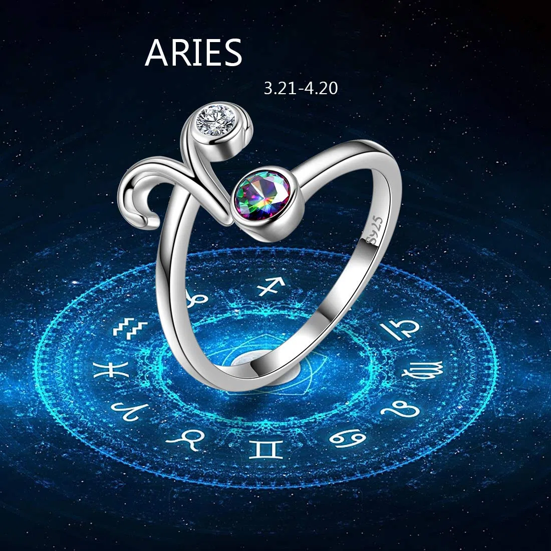 Aurora Tears 12 anelli regolabili Zodiac in argento Sterling 925 schegge Mystic Rainbow Topaz costellazione anello aperto oroscopo con zirconi gioielli regalo per donne e ragazze DR0087