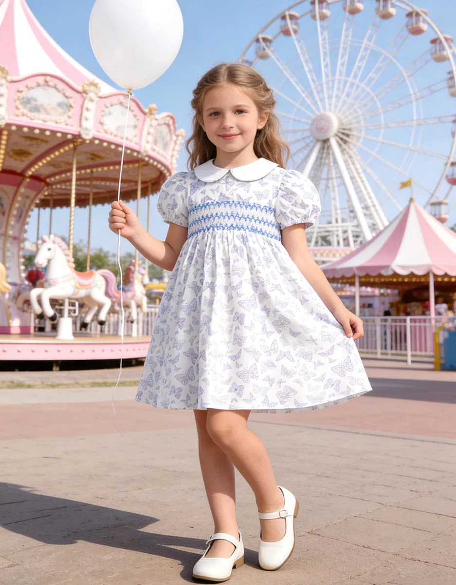 Miipat Vestito in Cotone per Bambina con Motivi Floreali Smockati, Vestito Estivi Vintage Bambine Maniche a Sbuffo e Colletto Peter Pan Abito Casual per Ragazze