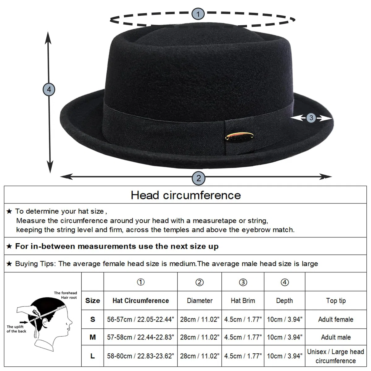 HEYANN Cappello in lana Porkpie, da uomo e da donna, in 100% feltro di lana Porkpie, cappello in feltro, Gentleman Jazz Trilby Cappelli per matrimoni e feste