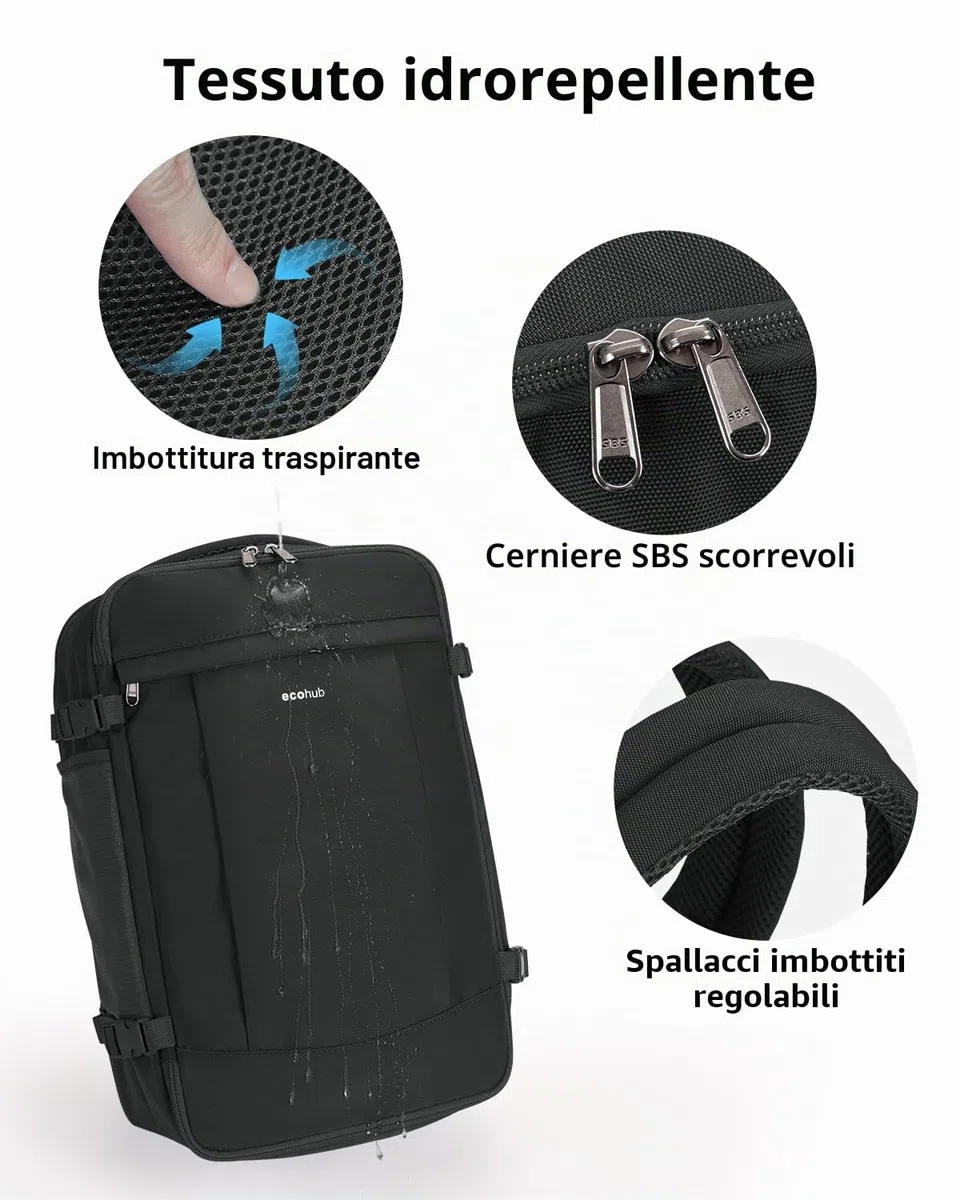 ECOHUB 20L Zaino Ryanair 40x20x25, Zaino Da Viaggio Aereo Bagaglio a Mano Con Scomparto Per Laptop 3D, Resistente all'Acqua Bagaglio a Mano 40x20x25 Ryanair, Riciclato Zaino Viaggio Donna Uomo, Nero