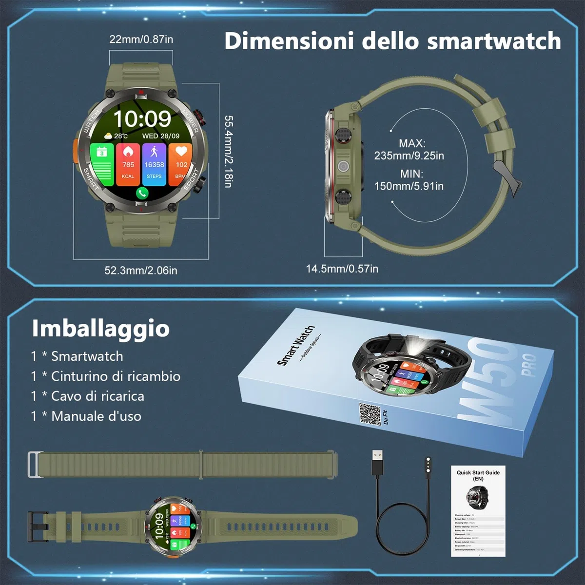 Smartwatch Uomo con Effettua o Risposta, 1.45" HD Orologio con 100Giorni StandbyBatteria/LED Torcia/Bussola, 24/7 Monitoraggio Salute (Frequenza Cardiaca/Sonno/SpO2) per Android iOS（Verde）