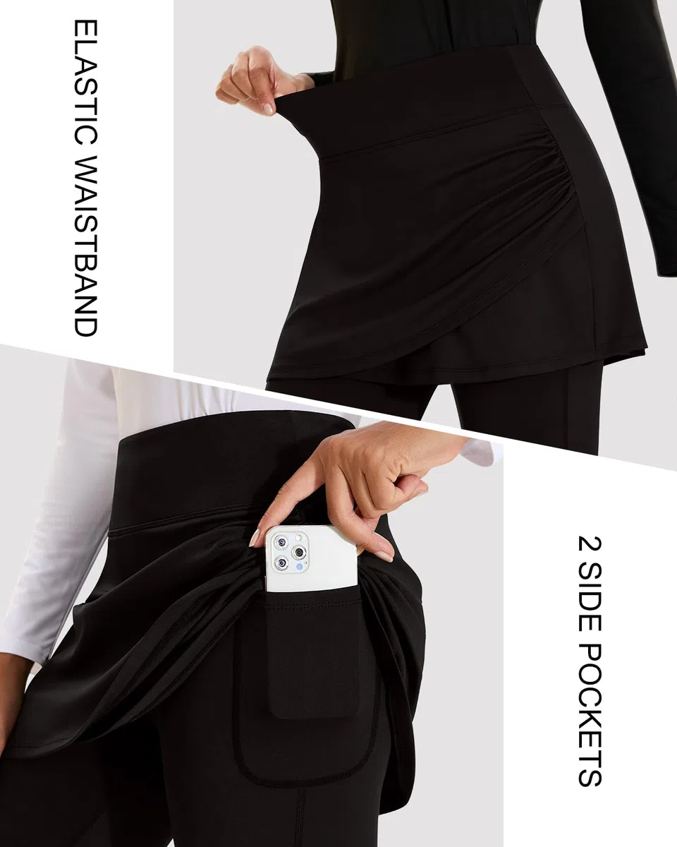 WOWENY Leggings da donna con gonna, lunghezza alla caviglia, gonna da tennis, con leggings con tasche, morbidi e gonne, 2 in 1