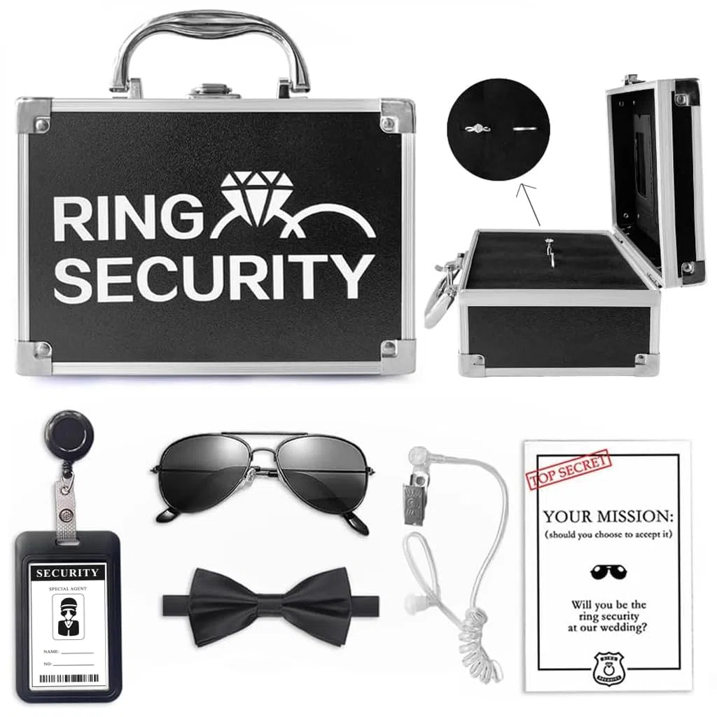Cartella per anelli di sicurezza, 6 pezzi, con distintivo, papillon, occhiali da sole, auricolare e biglietto di missione, agente speciale di sicurezza per proposte di matrimonio, cosplay, confezione