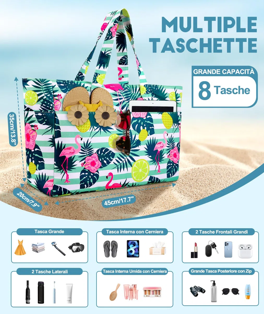 ISEYOU Borsa Mare Grande XXL Famiglia, Borsa Spiaggia con Chiusura Zip e Impermeabile, Leggera e Pieghevole, Multitasche ad Ampia Capacità Borsello Tracolla Donna per Shopping, Viaggio, Campeggio