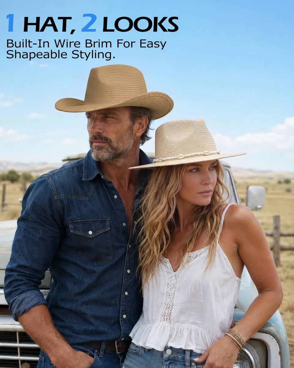 Zylioo Cappello da cowboy di paglia XXL, cappello da cowgirl occidentale di grandi dimensioni, cappelli da sole estivi di paglia a testa grande, cappelli da viaggio leggeri da spiaggia