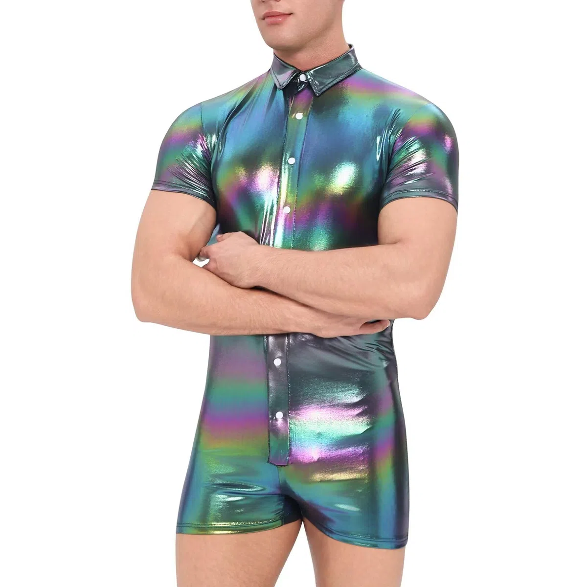 Landofgenie Body per Uomo in Metallo Optico, Pyjama a Maniche Corte, Bodysuit Monopezzo per Uomo