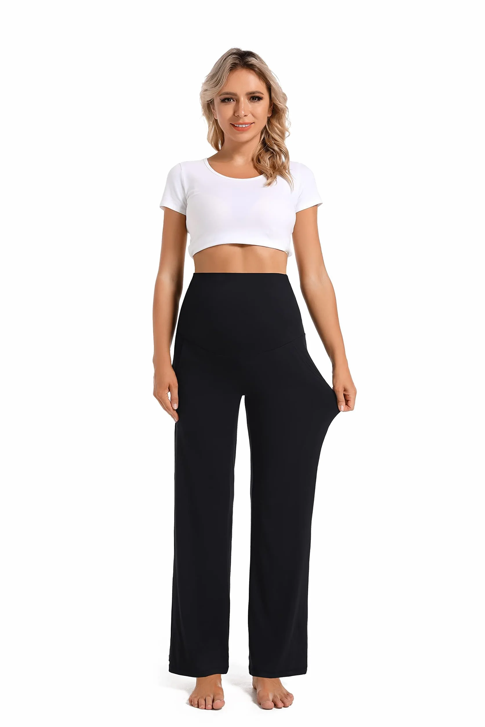 Pantaloni premaman gamba larga donna gravidanza casual largo gamba dritta lounge pantaloni con tasche pantaloni gravidanza