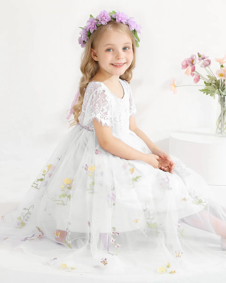 Fiore Vestito per Ragazze Abito in Tulle Abito Pizzo Indietro Principessa Compleanno Tutu Tulle Vestito Cerimonia Elegante Bambina Festivo Damigella d'Onore Festa di Nozze Abito da Ballo 2-8 Anno