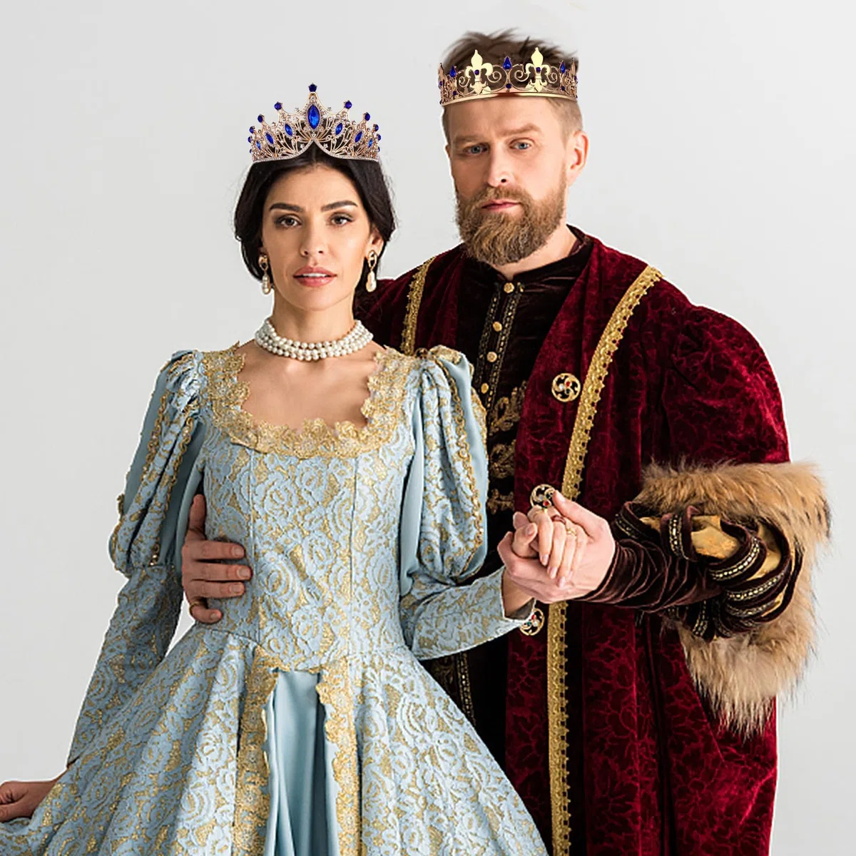 Set di 2 corone da ballo per re e regina da uomo, corona reale con strass blu, corone da donna, tiara, copricapo, per matrimoni, Halloween, feste di ritorno a casa, decorazioni per feste