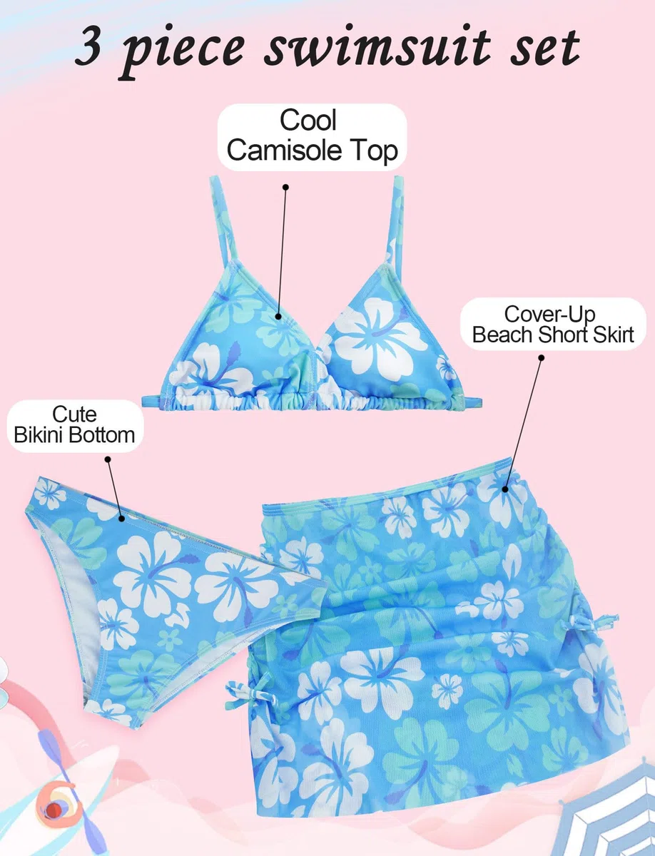 SEAUR Bikini da bambina con gonna, 3 pezzi, costume da bagno stampato, costume da bagno imbottito, per 140-170 cm