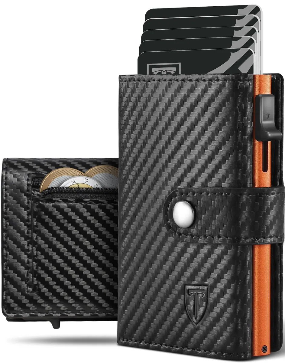 Portafoglio Uomo Slim RFID Blocking, Fibra di Carbonio Porta Carte di Credito Uomo - ID Window, Tasca Portamonete con Cerniera, Scomparto per Banconota, Confezione Regalo - Nero Arancione