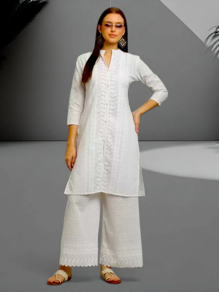 RangMahal - Set da donna in cotone indiano fatto a mano Lucknowi Chikankari Kurta Palazzo tradizionale