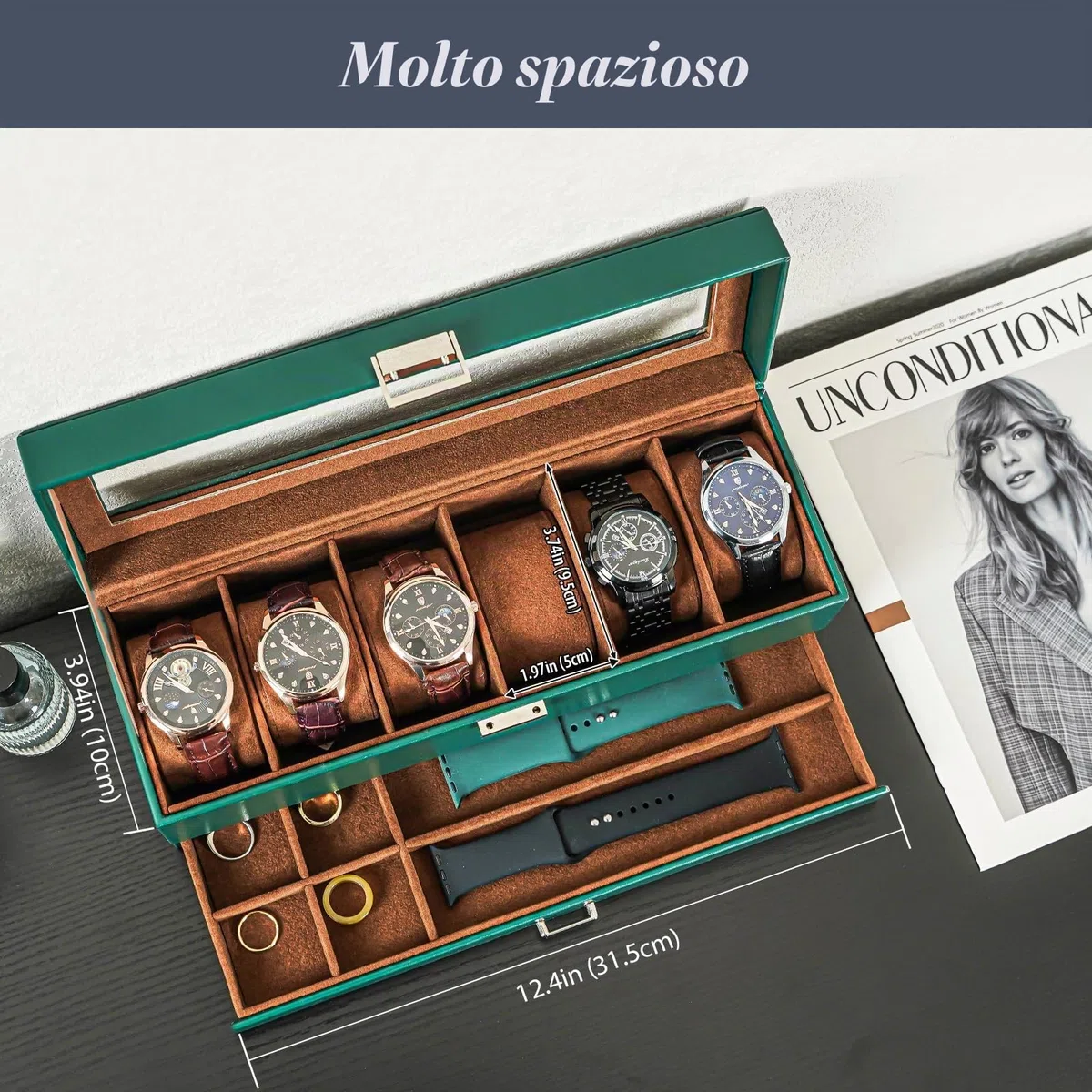 ProCase Scatola per orologi con 6 scomparti, con coperchio in vetro, 2 livelli, con cuscino rimovibile, per gioielli, anelli, bracciali e collane, colore verde