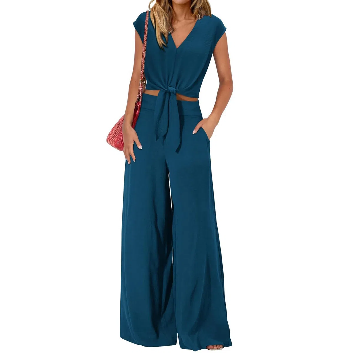 amropi Donna Tuta a Maniche Corte con Scollo a V Papillon Pantaloni a Gamba Larga Estate Loungewear Set