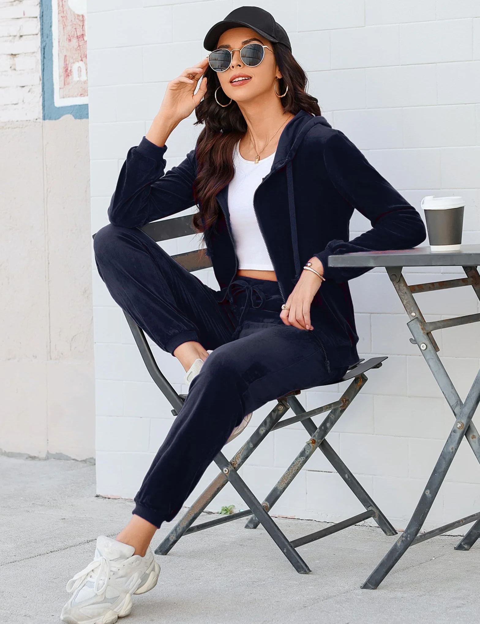 Aottori - Tuta da donna UK in velluto, a maniche lunghe con cerniera completa, cappuccio, pantaloni da jogging, per autunno inverno 2 pezzi
