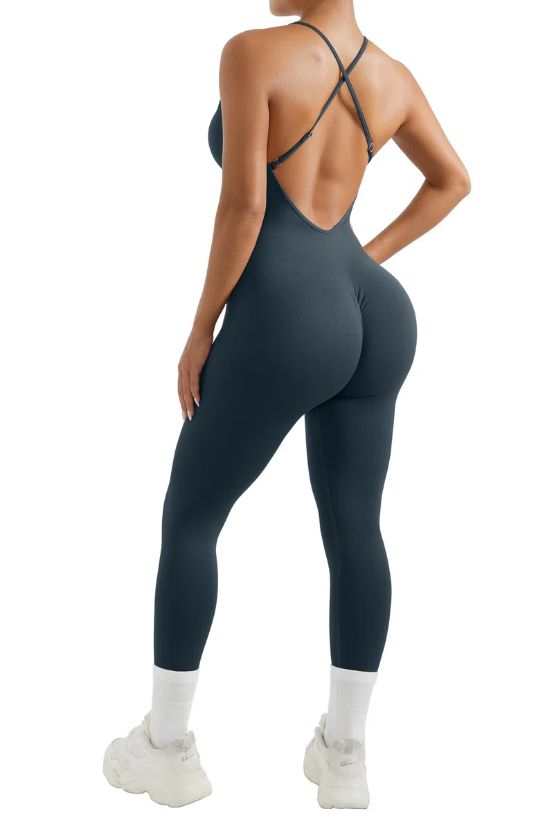 RXRXCOCO Spaghetti Strap a coste, tuta da donna aderente, senza schiena, imbottita, per yoga, sport, tuta intera