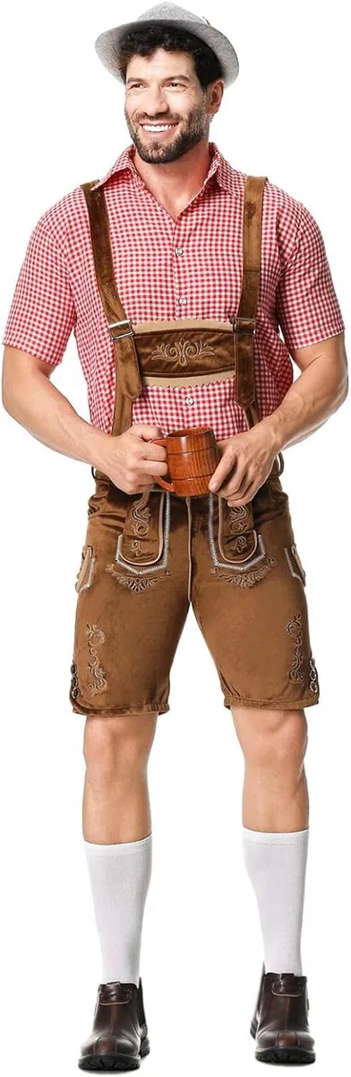 Lederhosen - Set costume da uomo per Oktoberfest, completo camicia tradizionale a quadri, salopette bavarese