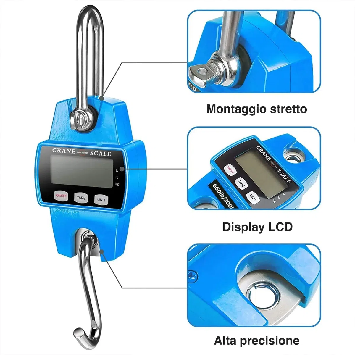 Voltix Portatile Bilancia Digitale da Appendere per Impieghi Gravosi, 300kg 600 lb Mini Bilancia a Sospensione con Display LCD e Batterie Incluse (Blu)