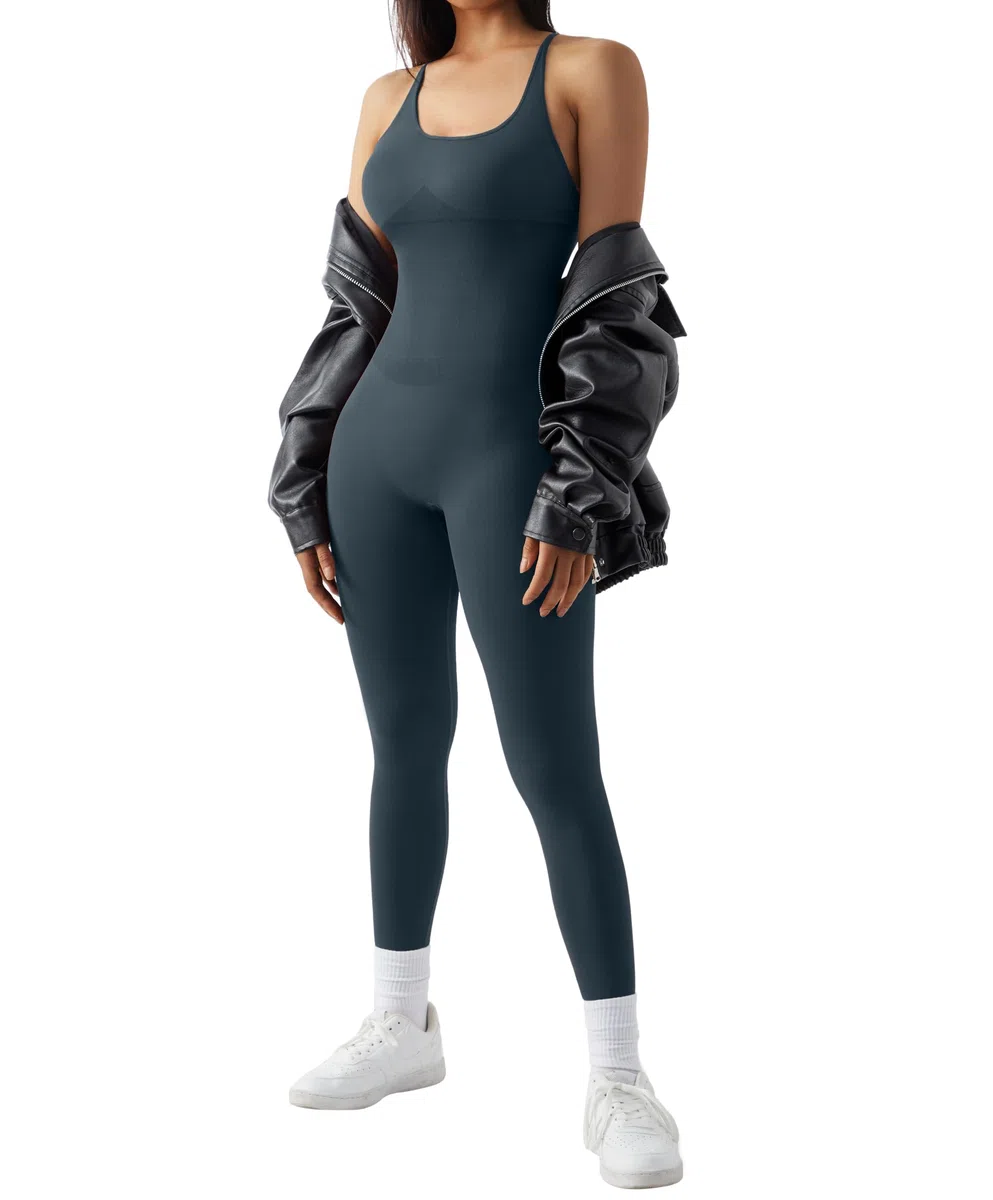 RXRXCOCO Spaghetti Strap a coste, tuta da donna aderente, senza schiena, imbottita, per yoga, sport, tuta intera
