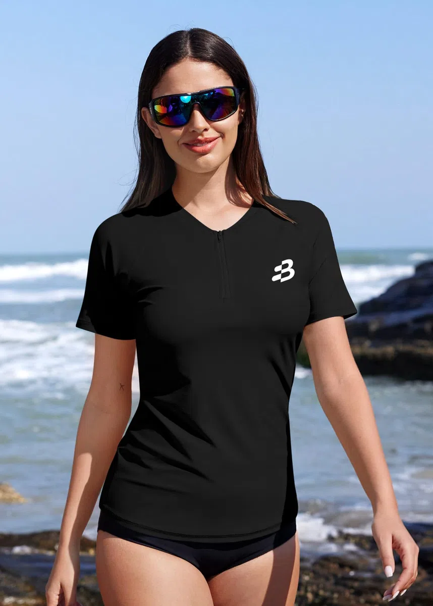 BesserBay Maglia da surf da donna con scollo a V, manica corta, 1/4 zip, protezione UV Rash Guard S-XXL