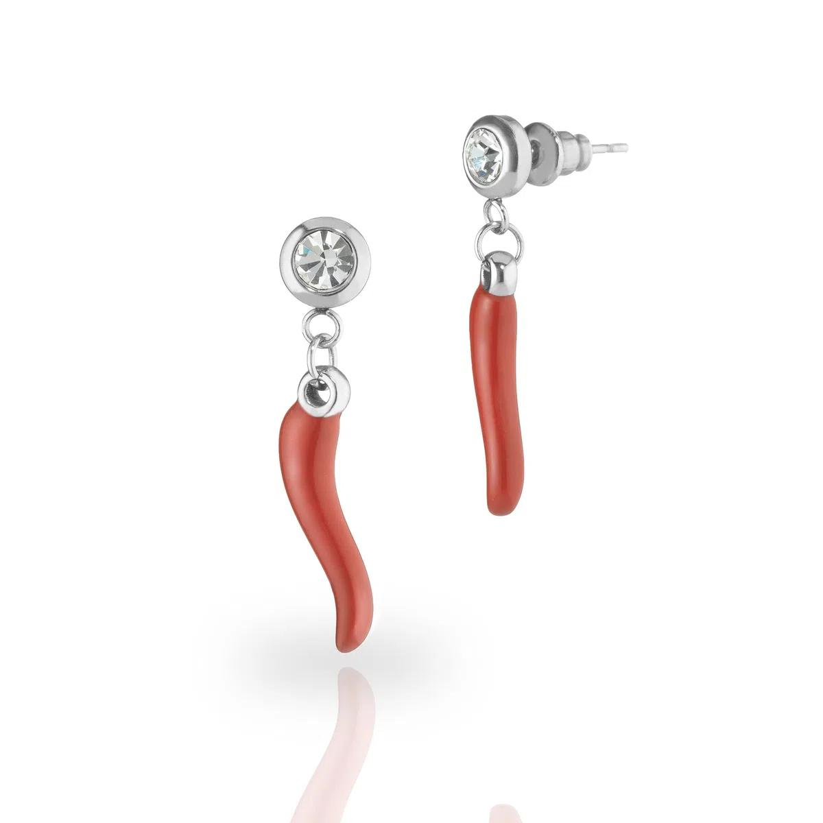 inSCINTILLE Orecchini Pendenti Corno Portafortuna con Punto Luce in Zirconia Cubica – Acciaio Inossidabile Anallergico – Corni Rossi – Made in Italy – Idea Regalo Donna