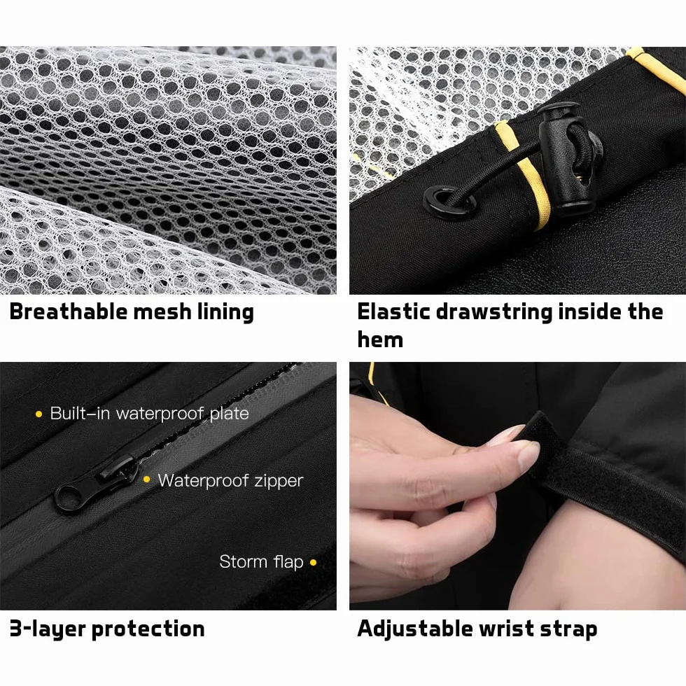 Giacca antipioggia, impermeabile e traspirante, per motociclisti, uomo e donna, abbigliamento da pioggia per ciclismo, giacca e pantaloni con tasca portaoggetti, giacca impermeabile, Nero