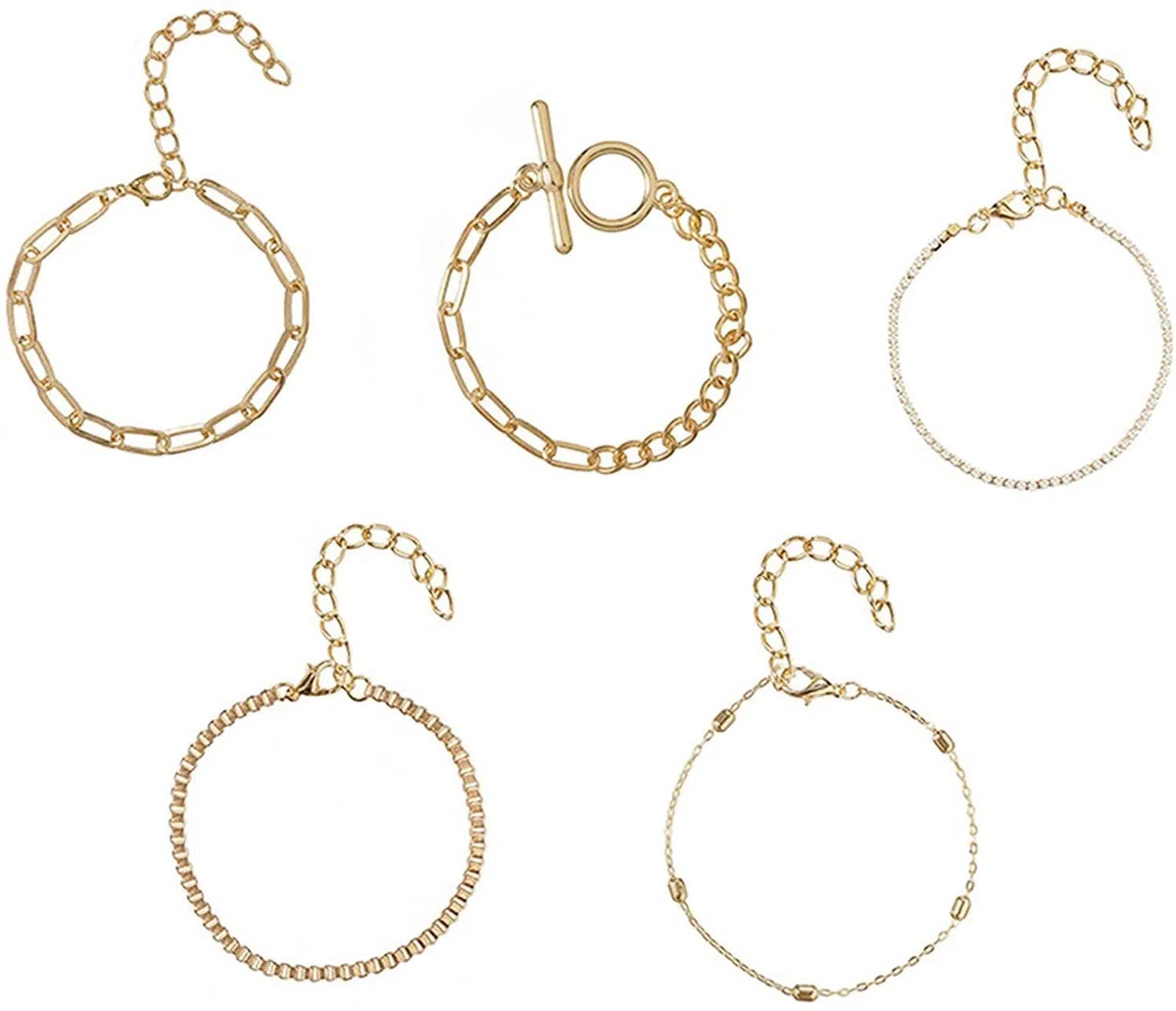 PULABO Set di 5 braccialetti color oro con bracciale a catena con strass, cavigliera regolabile, gioielli quotidiani fatti a mano per ragazze adolescenti durevole