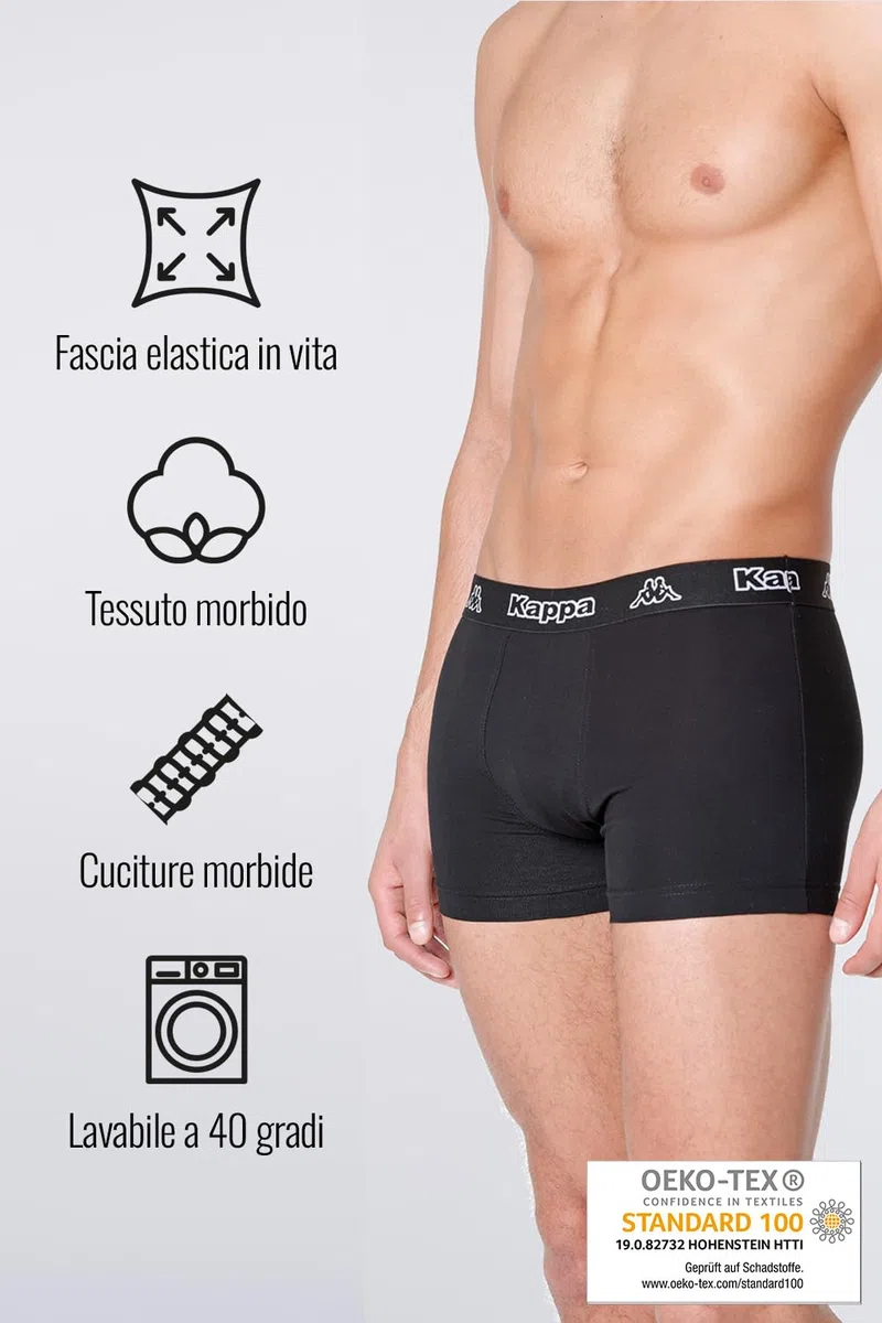 Kappa Boxer Uomo 6 Pezzi - Mutande Uomo Attillate in Cotone Elasticizzato - Boxer Nero con Fondo Nero - Taglia M - Intimo Uomo di qualità