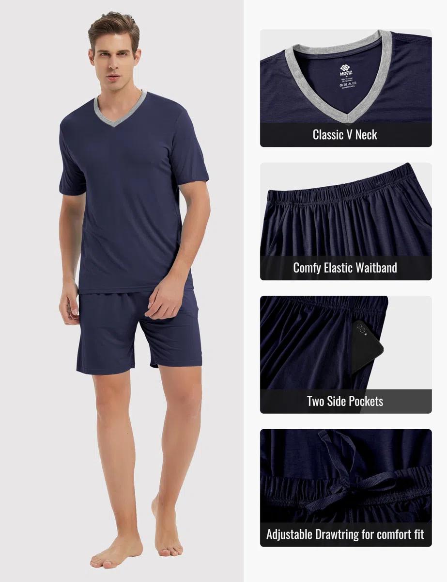 MoFiz Pigiama Uomo Estivo Corto Pigiami Due Pezzi da Uomo Set Manica Corta Scollo a V Pigiama Camicia e Pantaloncini Morbido Comoda con Tasche
