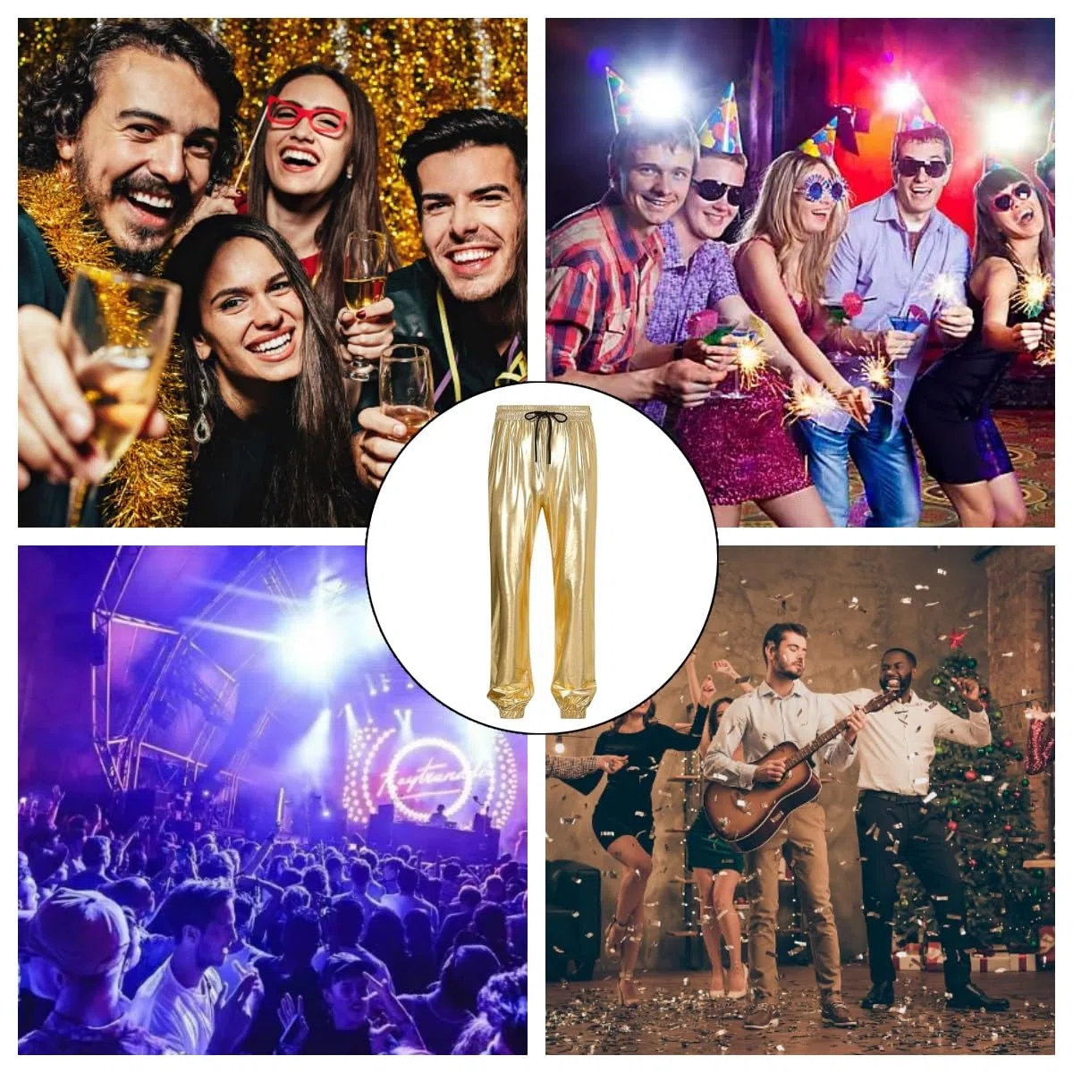 Pantaloni lucidi da uomo, pantaloni da discoteca con coulisse in vita metallizzata con tasche, vita media, in finta pelle, ologramma, hip hop, pantaloni elastici a lunghezza intera, look bagnato, per