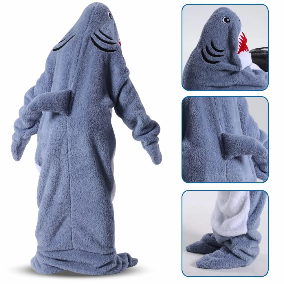 Squalo - Coperta con cappuccio con maniche S-XXL, sacco a pelo con cappuccio, in flanella, con cappuccio, per feste di cartone animato, per adulti e bambini