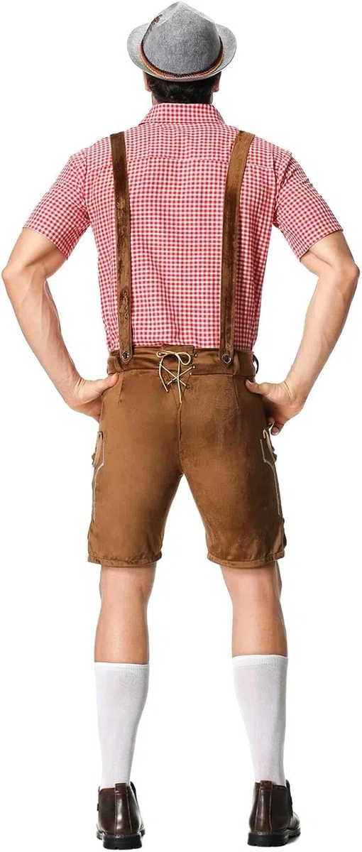 Lederhosen - Set costume da uomo per Oktoberfest, completo camicia tradizionale a quadri, salopette bavarese