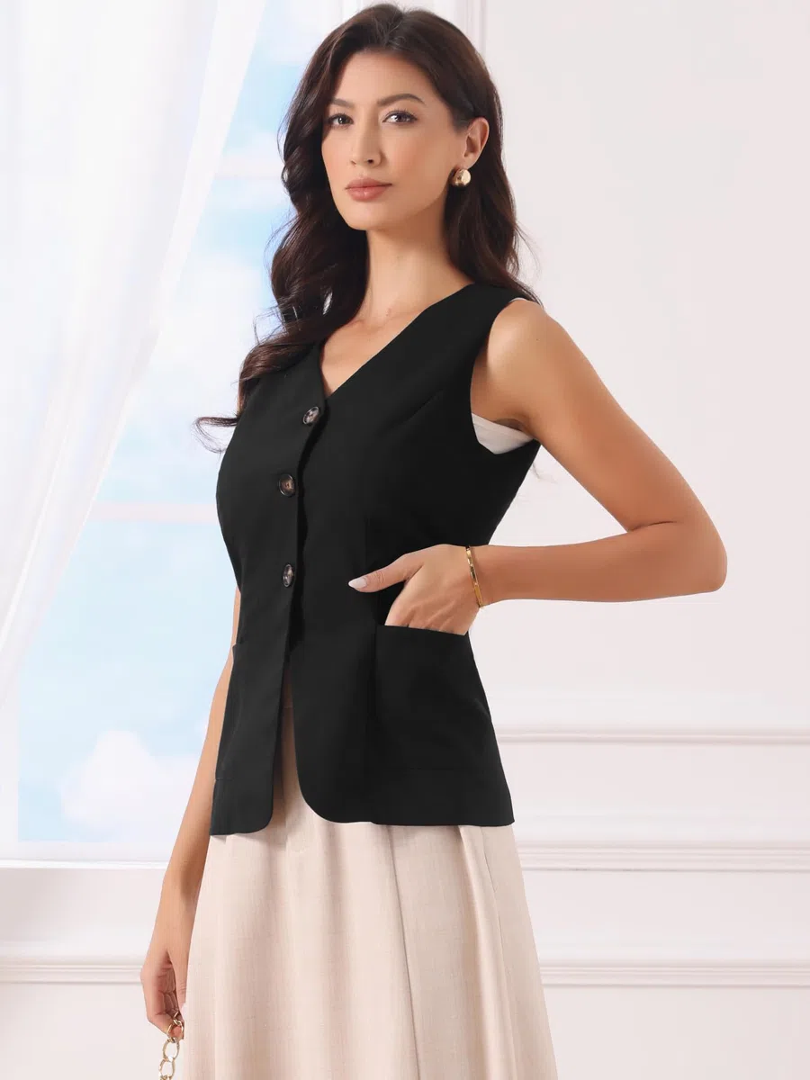 Allegra K Gilet in Cotone e Lino per Donna Estivo Senza Maniche con Bottoni Scollo a V Blazer