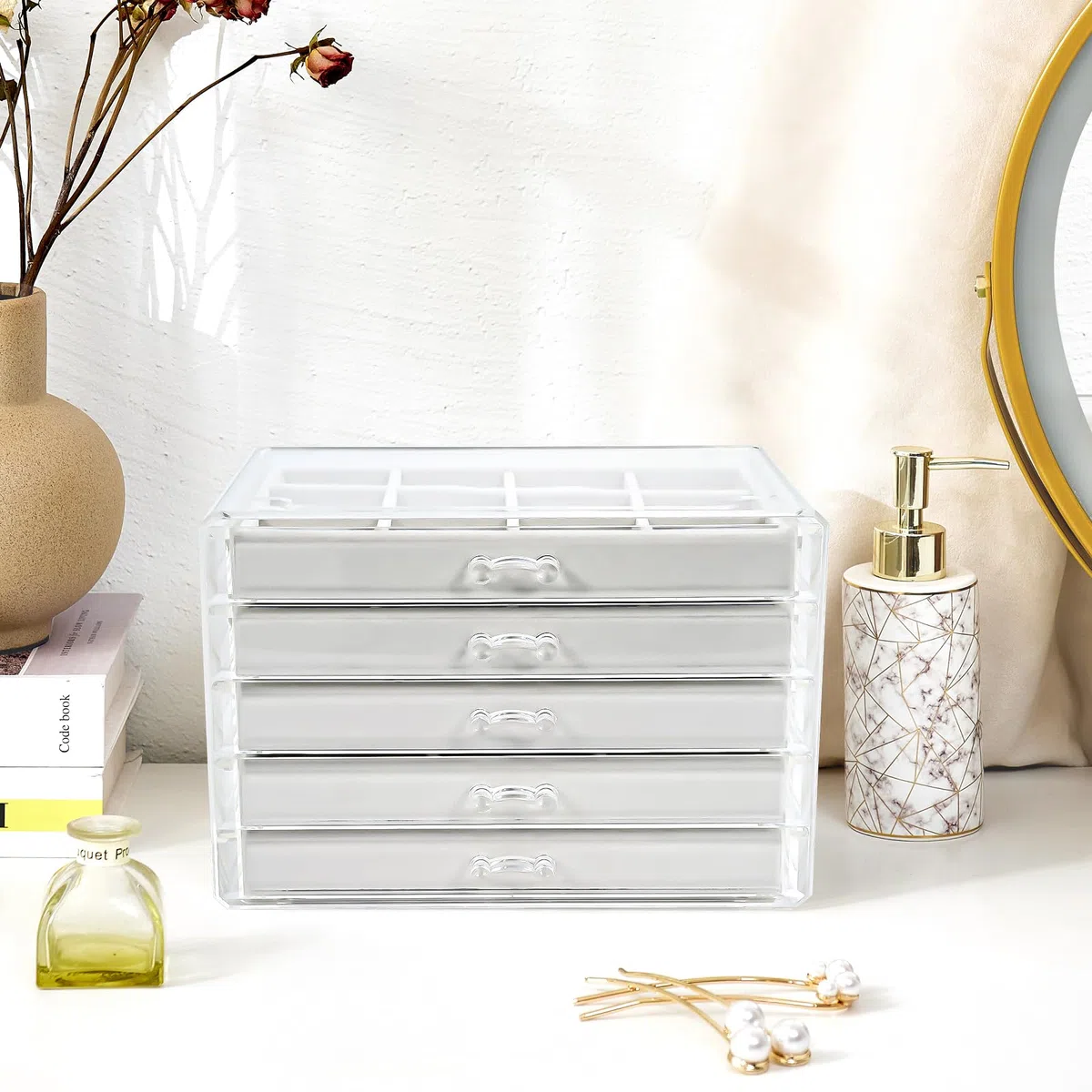 ProCase Organizer per gioielli in acrilico, trasparente per gioielli, con 5 cassetti, orecchini, collane, anelli, organizer per la casa -Bianco caldo
