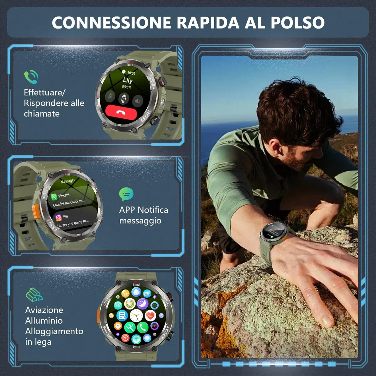 Smartwatch Uomo con Effettua o Risposta, 1.45" HD Orologio con 100Giorni StandbyBatteria/LED Torcia/Bussola, 24/7 Monitoraggio Salute (Frequenza Cardiaca/Sonno/SpO2) per Android iOS（Verde）