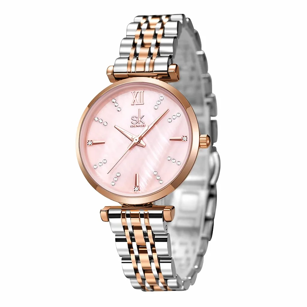 SHENGKE SK Classic Donne Orologi Moda Donne Dress Watch Solido Acciaio Inox Band Cinturino in Vera Pelle